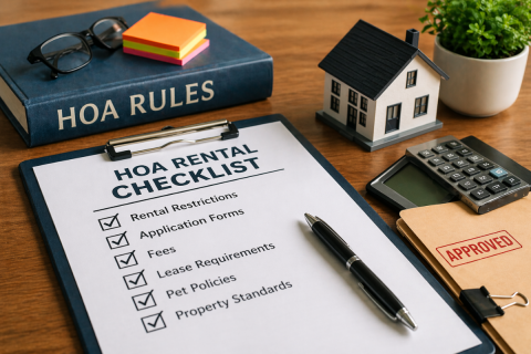 HOA rental rules checklist with house model and paperwork