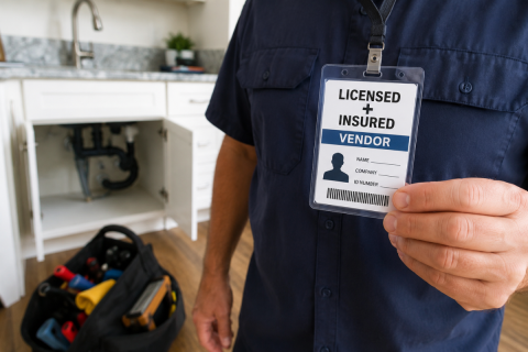 Licensed and insured vendor holding identification badge during rental property repair