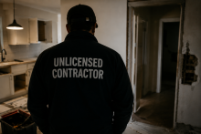 Unlicensed contractor standing inside a rental property repair site showing the risks of hiring cheap contractors